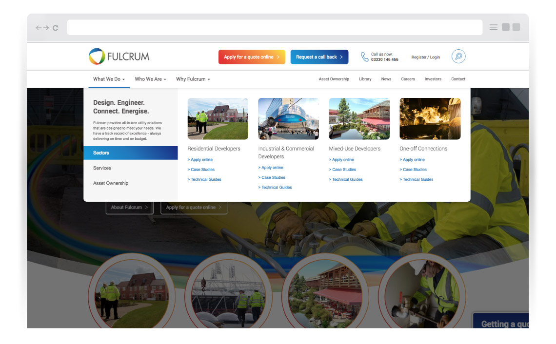 Fulcrum responsive website shown across desktop and mobile.